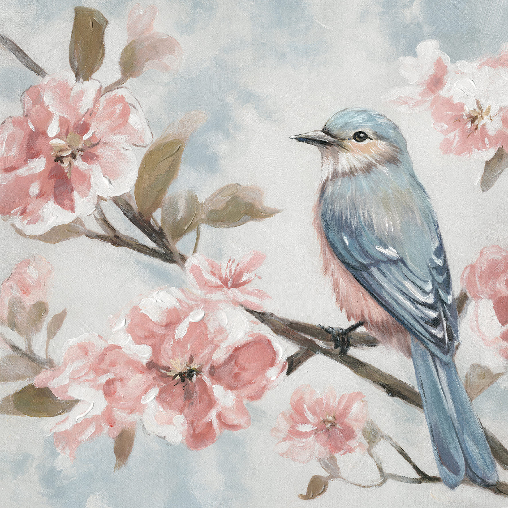 Wandbild gerahmt Vogel auf Kirschblütenast 50x50cm