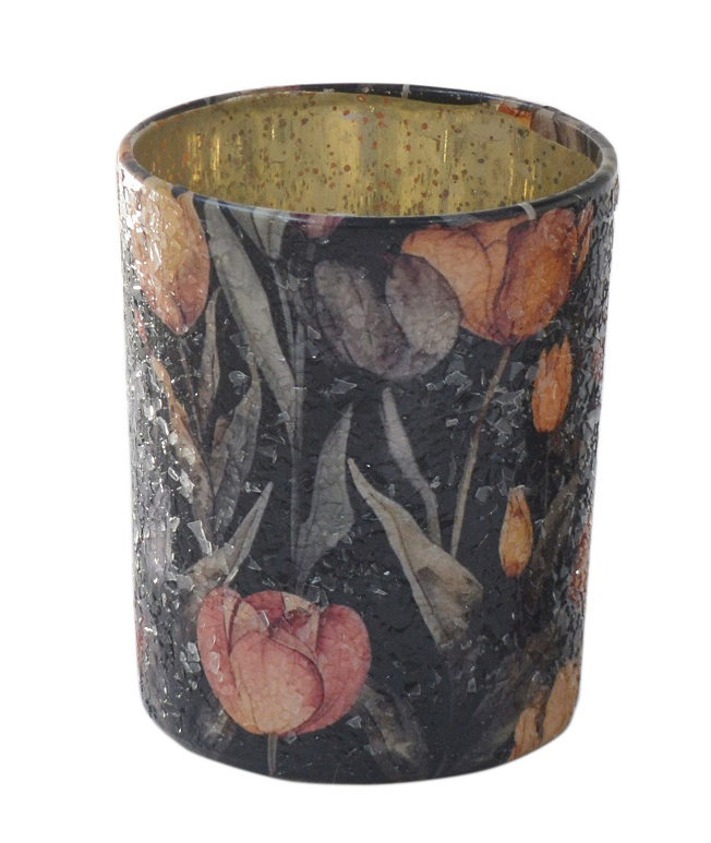 Votiv Glas Blumendekor schwarz 10x10x12cm