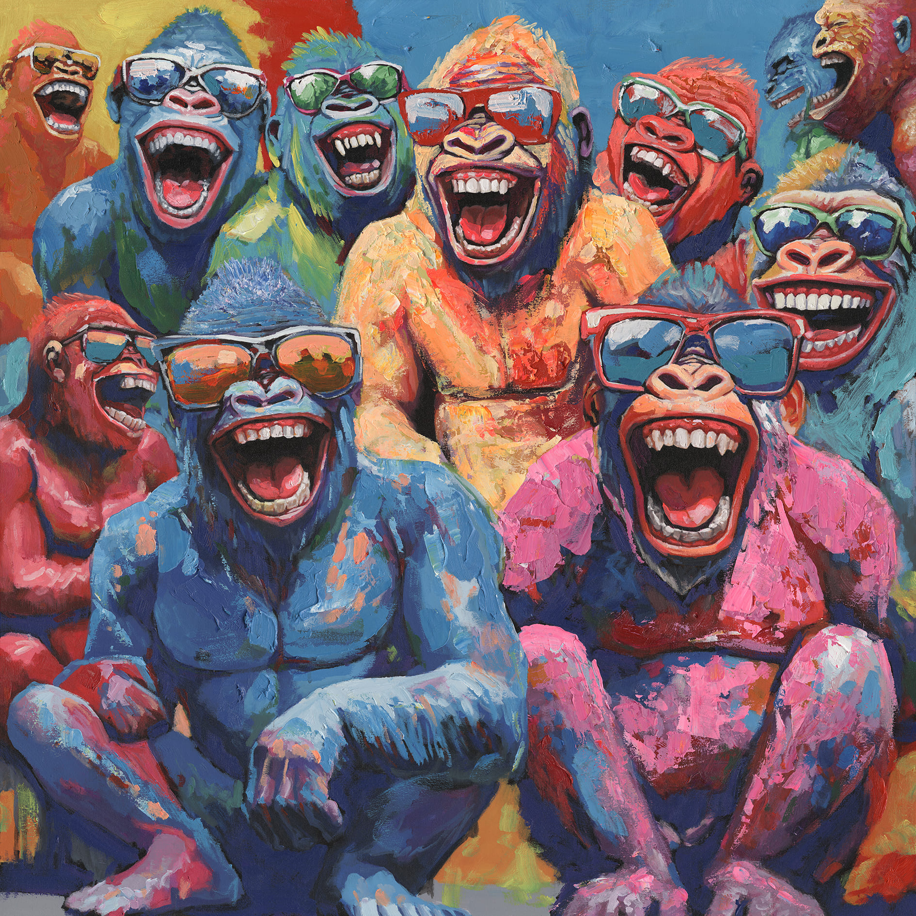 Ölbild Affenbande mit Sonnenbrillen