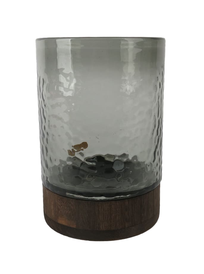 Votivlicht Glas grau mit braunem Holzfuß 16,5x16,5x24cm