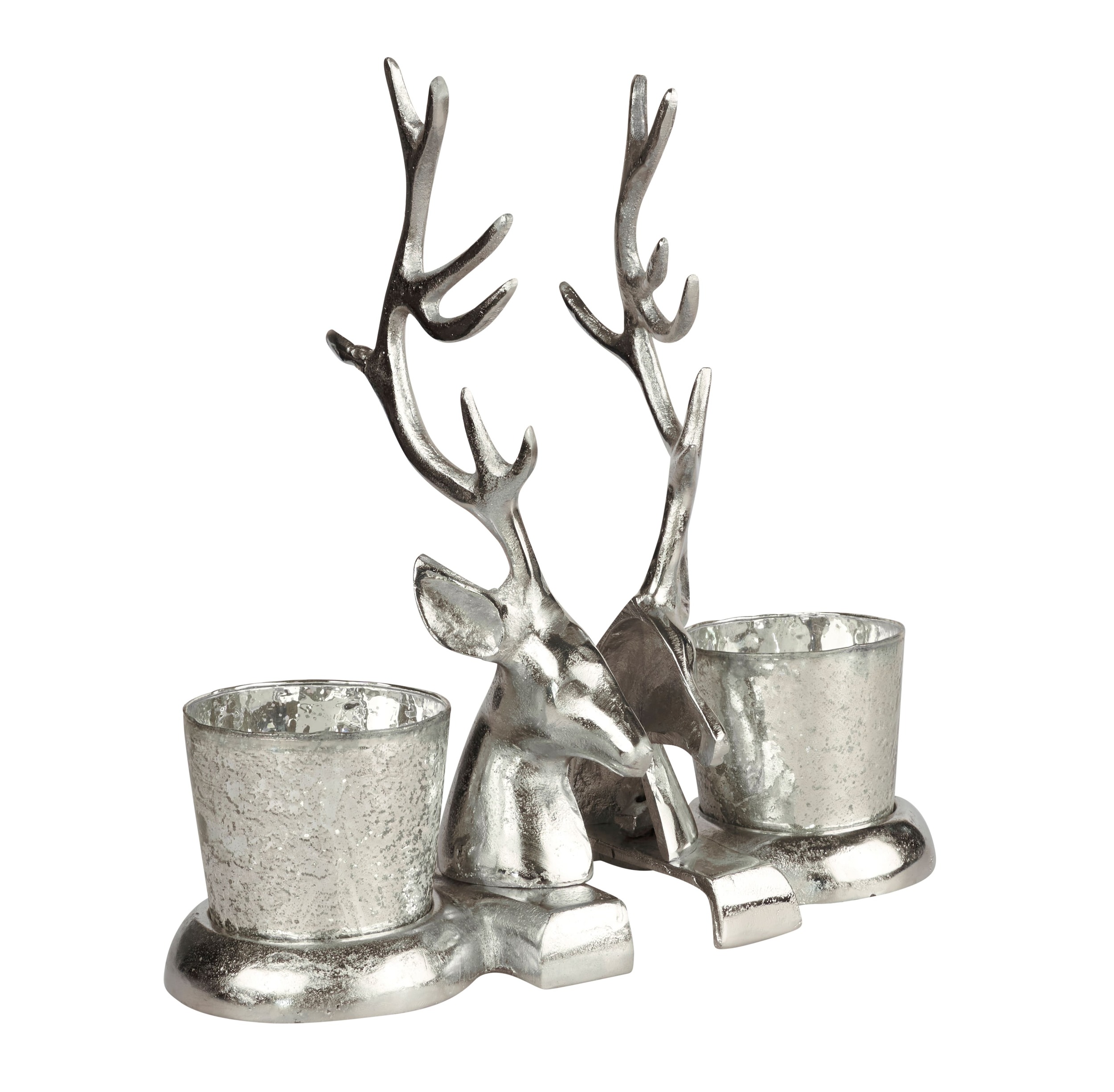 Rentierdeko Alu Raw Nickel mit Glaseinsatz 2tlg. 33x16x37cm