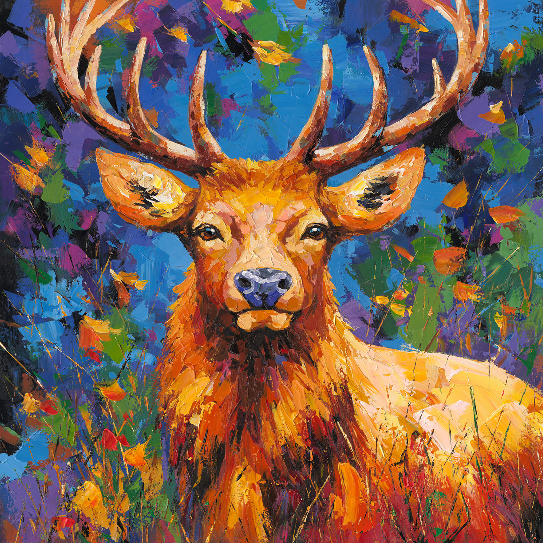 Ölbild gerahmt Hirsch Hintergrund bunt