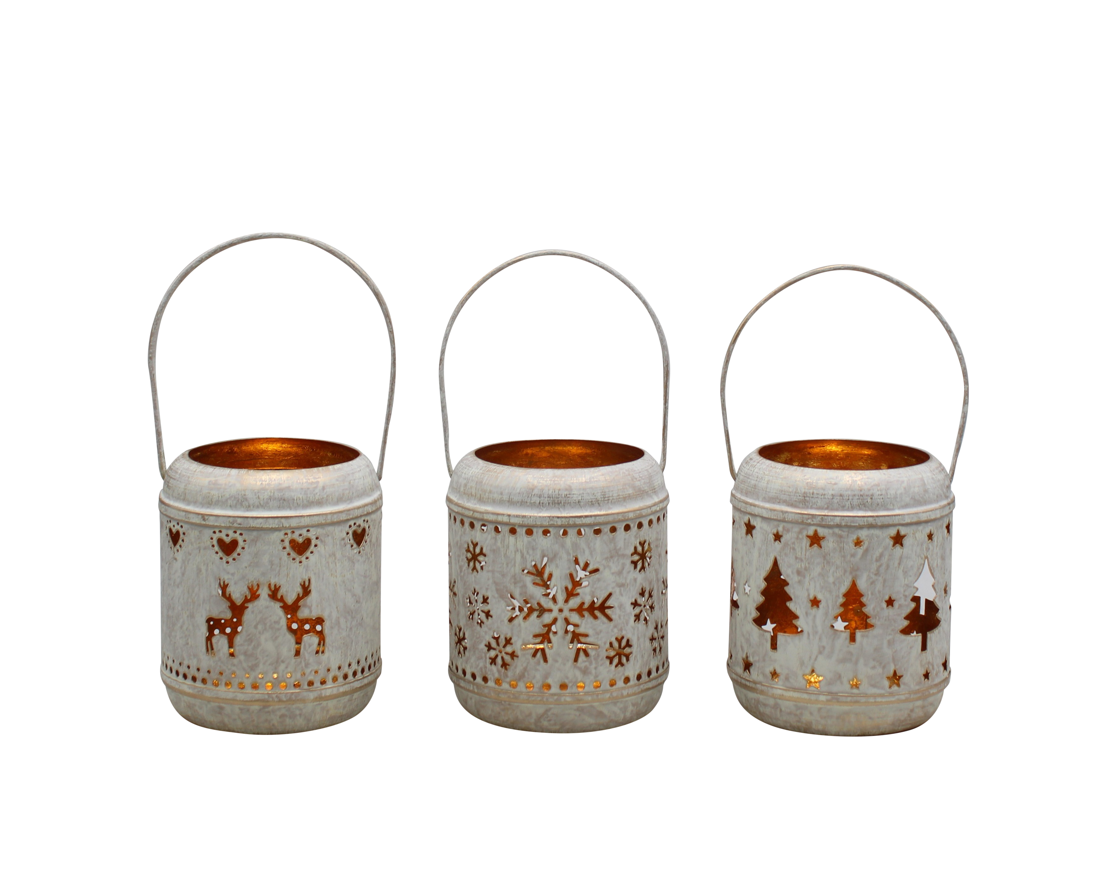 Laterne 3fach Eisen weiß gold H=12cm