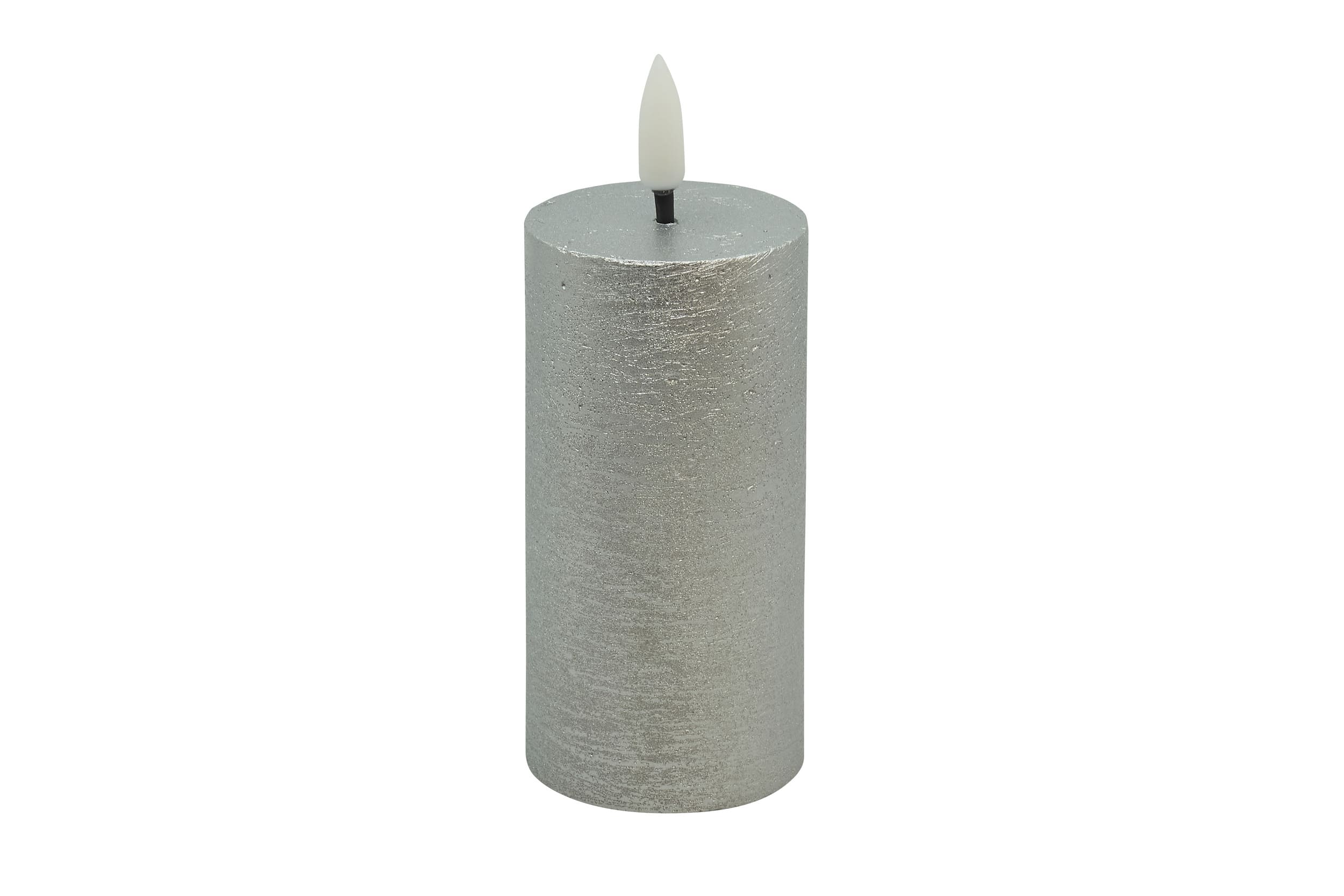 LED Stumpenkerze Slim Winter Echtwachs silver metallic rustic 5x10cm 3D-Flamme