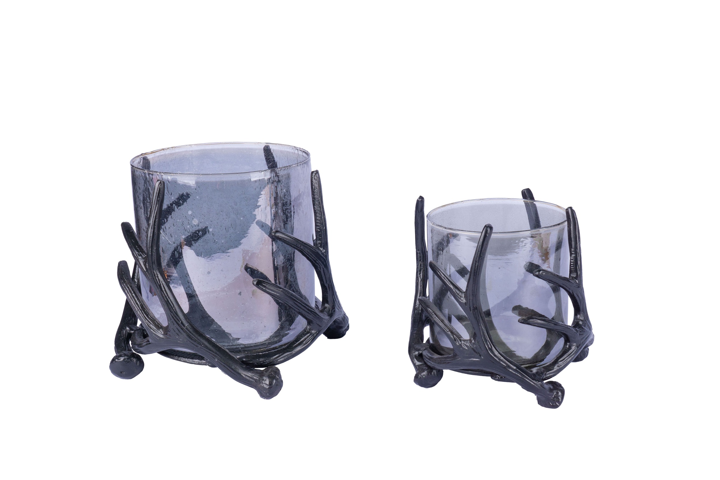 Windlicht Glas grau mit Geweihgestell Alu matt schwarz 25x25x25cm