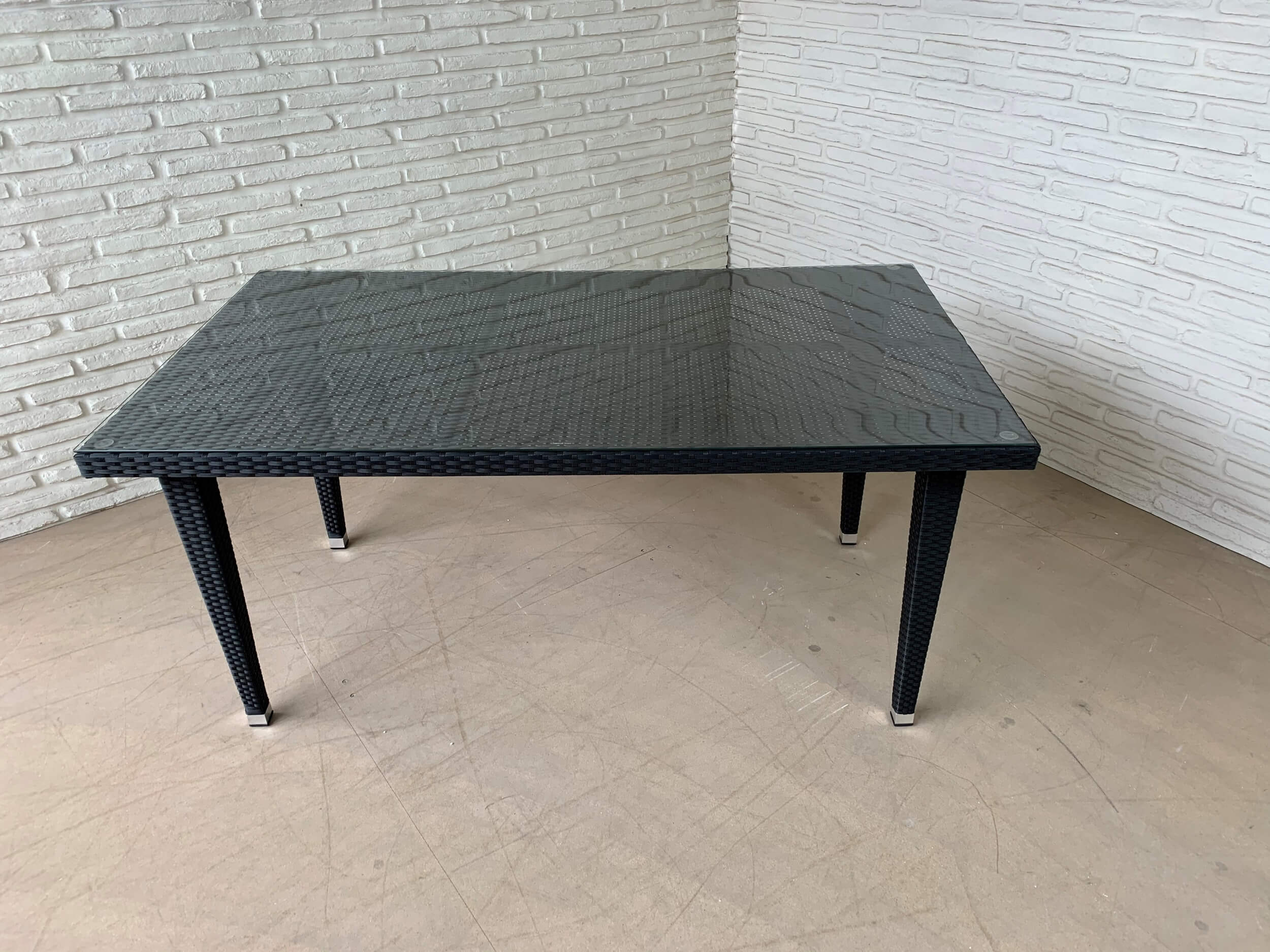 Tisch eckig mit Glasplatte, Geflecht schwarz
