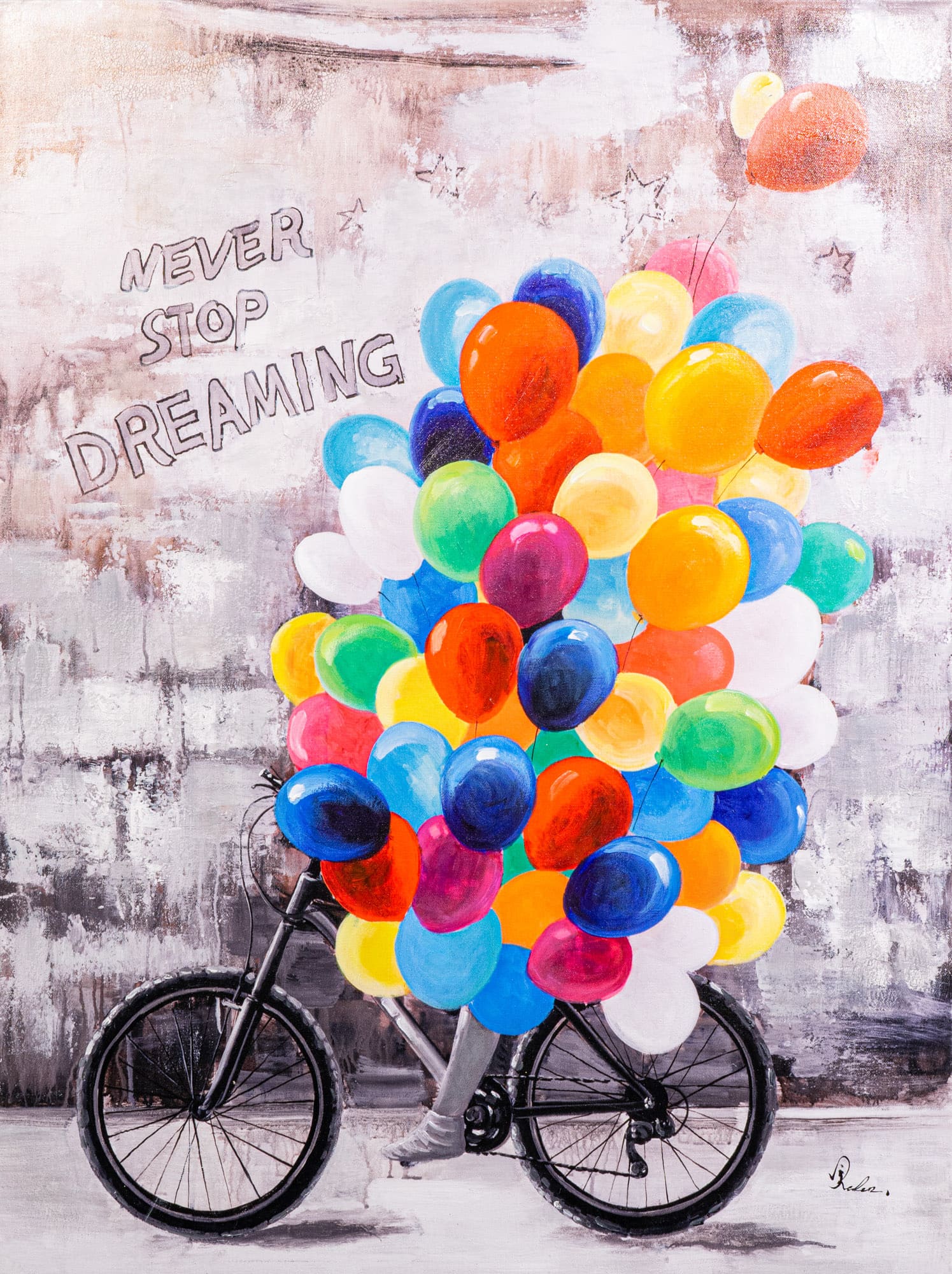 Ölbild Fahrrad mit Luftballons bunt 90x120cm