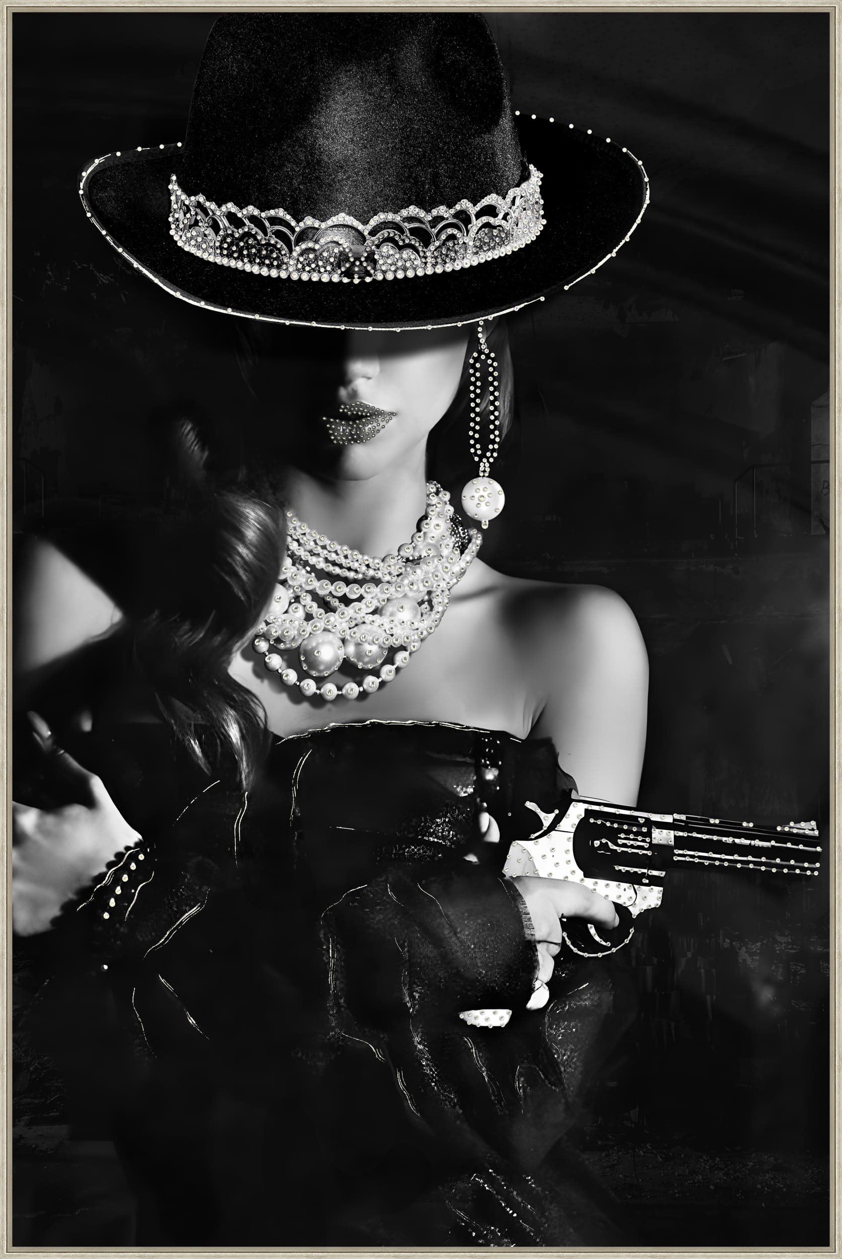 Wandbild Frame Lady with a gun 80x120cm
