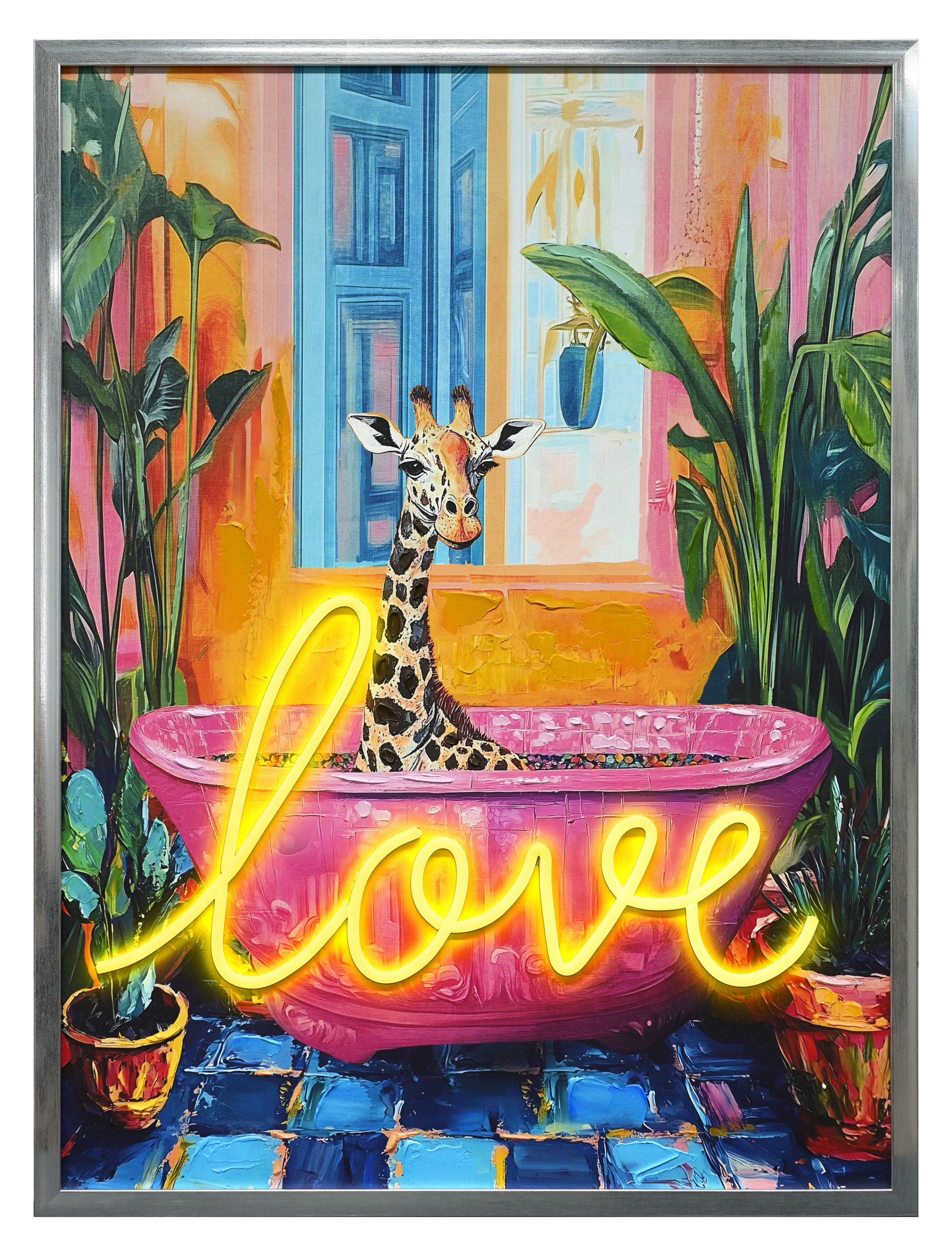 Wandbild Frame LED bathing giraffe 60x80cm