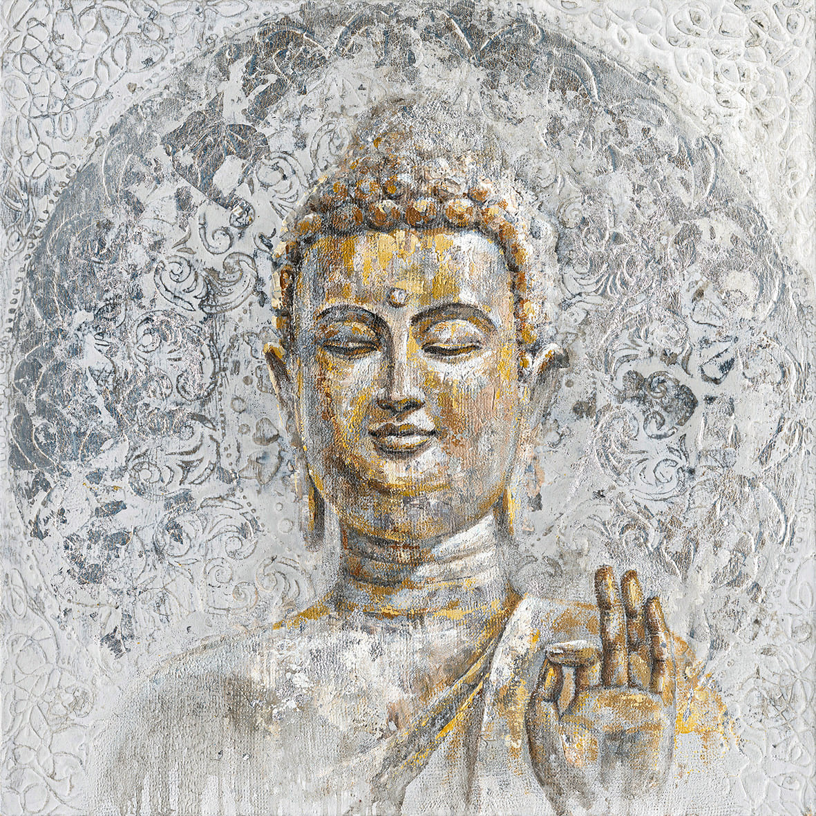 Ölbild Buddha auf grauem Grund 100x100cm