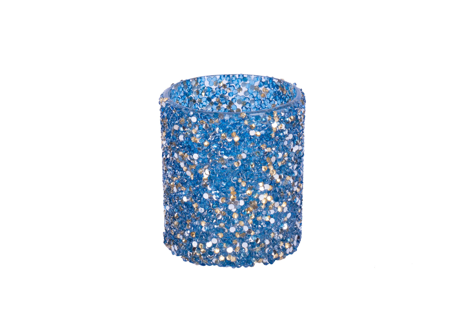 Votivlicht Glas mit Ziehrsteinen blau gold mix 10x10x12cm