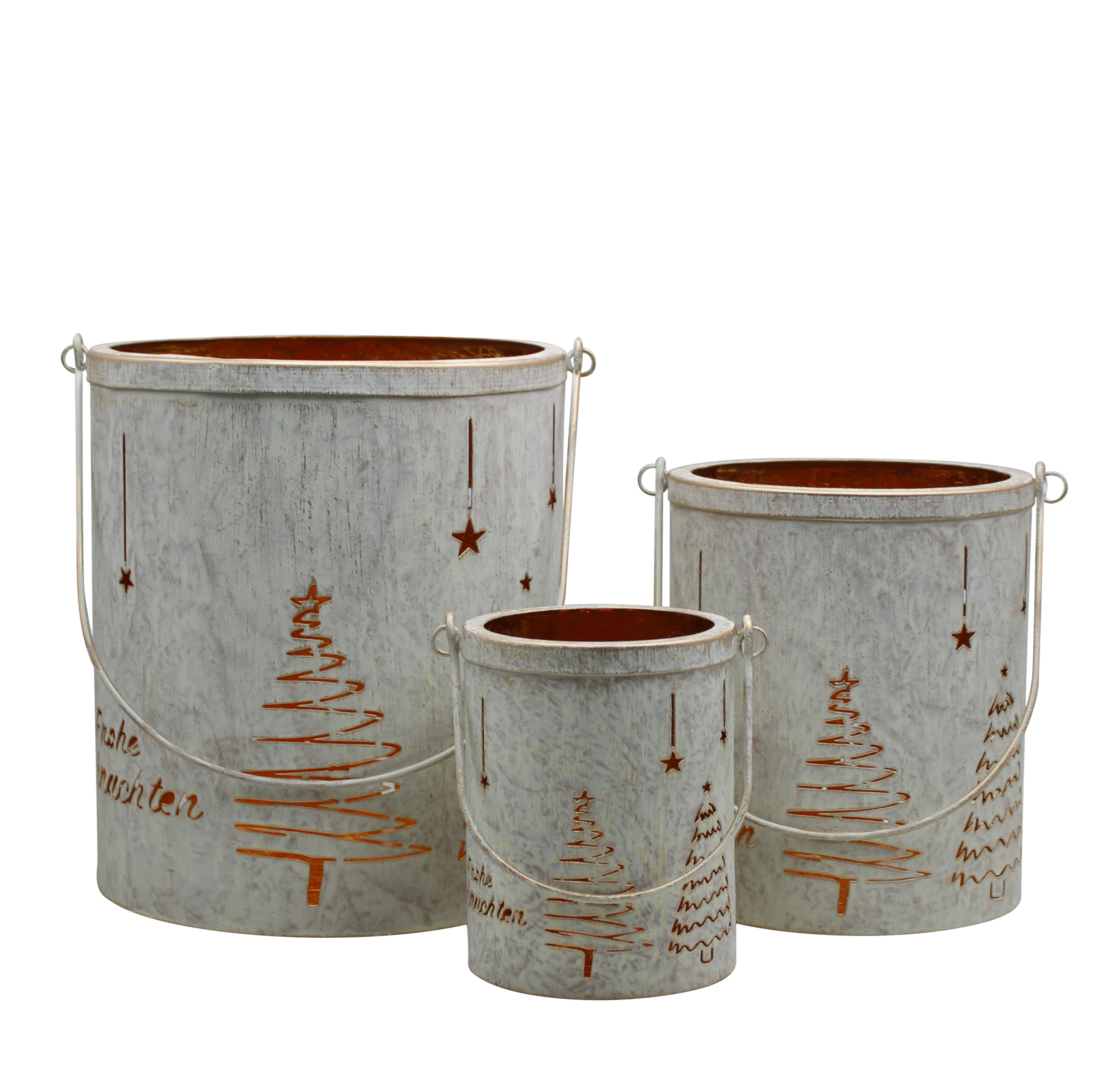 Laterne 3er Eisen weiß gewischt gold