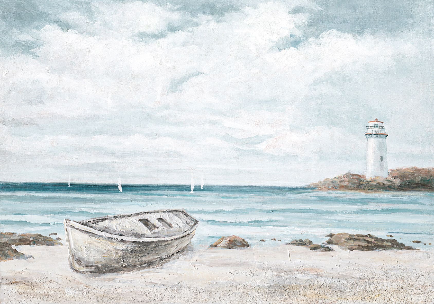 Ölbild Boot am Strand, Leuchtturm 70x100