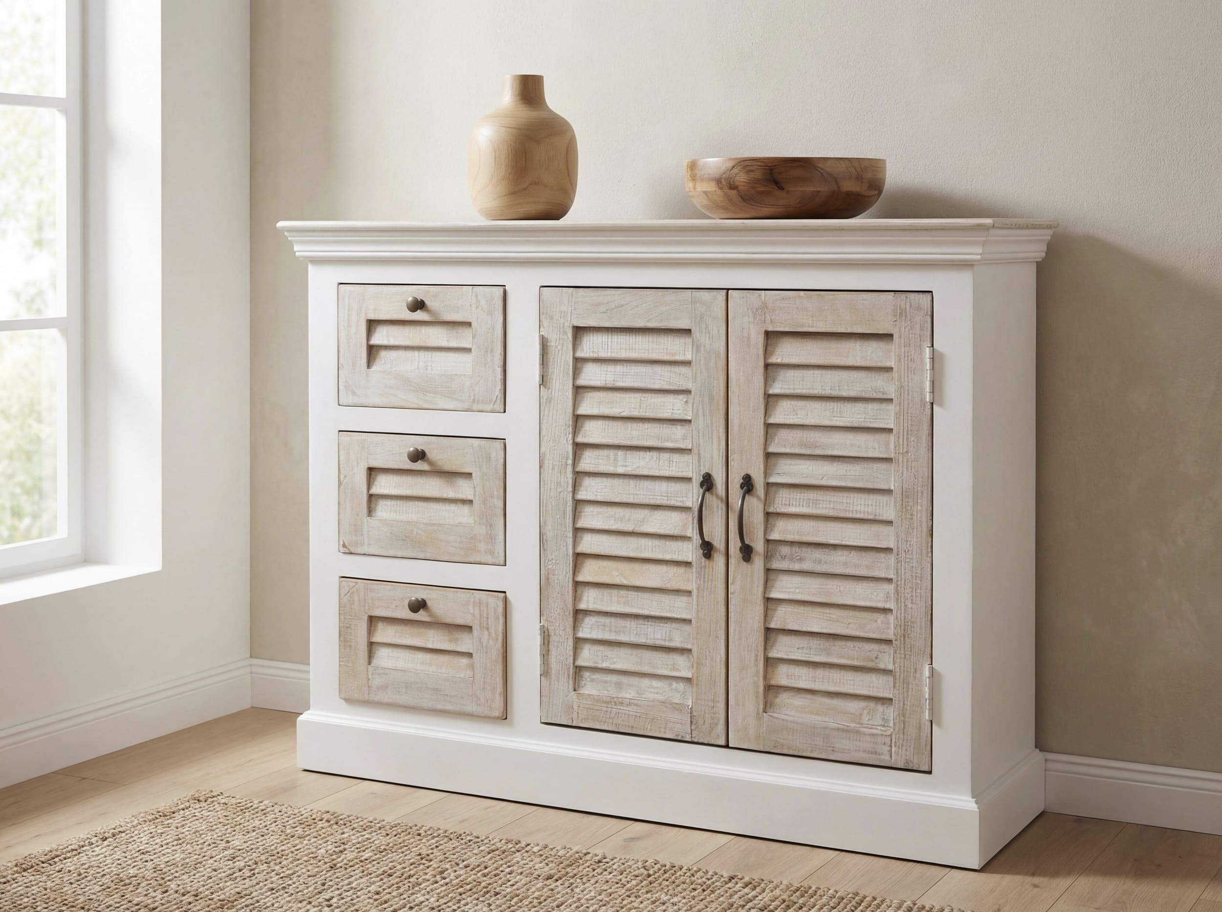 Sideboard Hampton Mangoholz weiß mit Lamellenfront 122x26x92cm