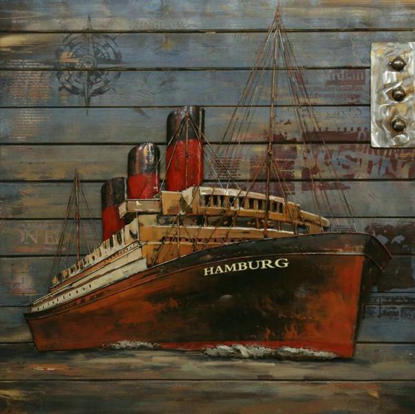 Wandbild Holz Metall Schiff Hamburg 100x100cm