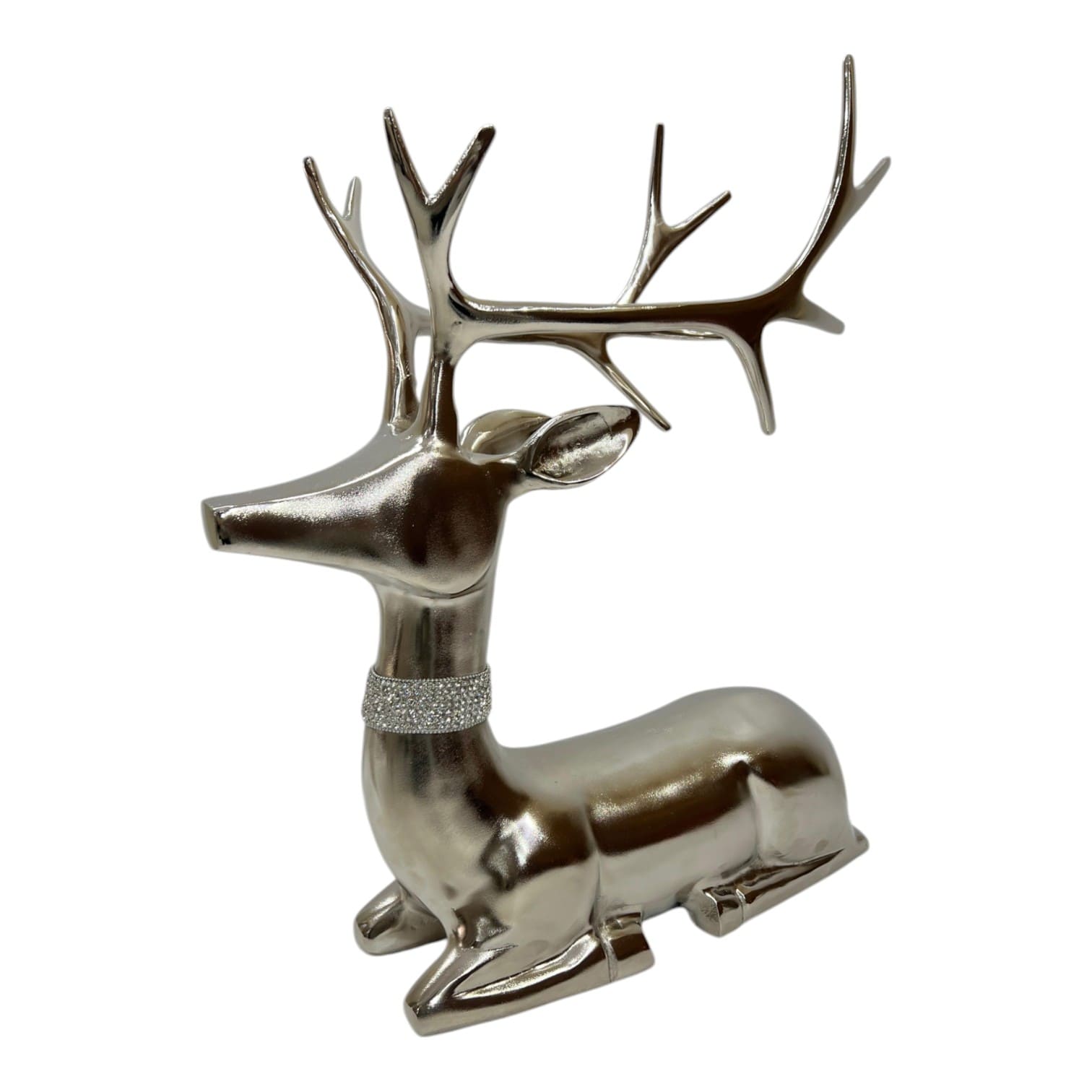 Figur Hirsch liegend Alu Nickel mit Schmuckhalsband 53,5x20,5x62,5cm