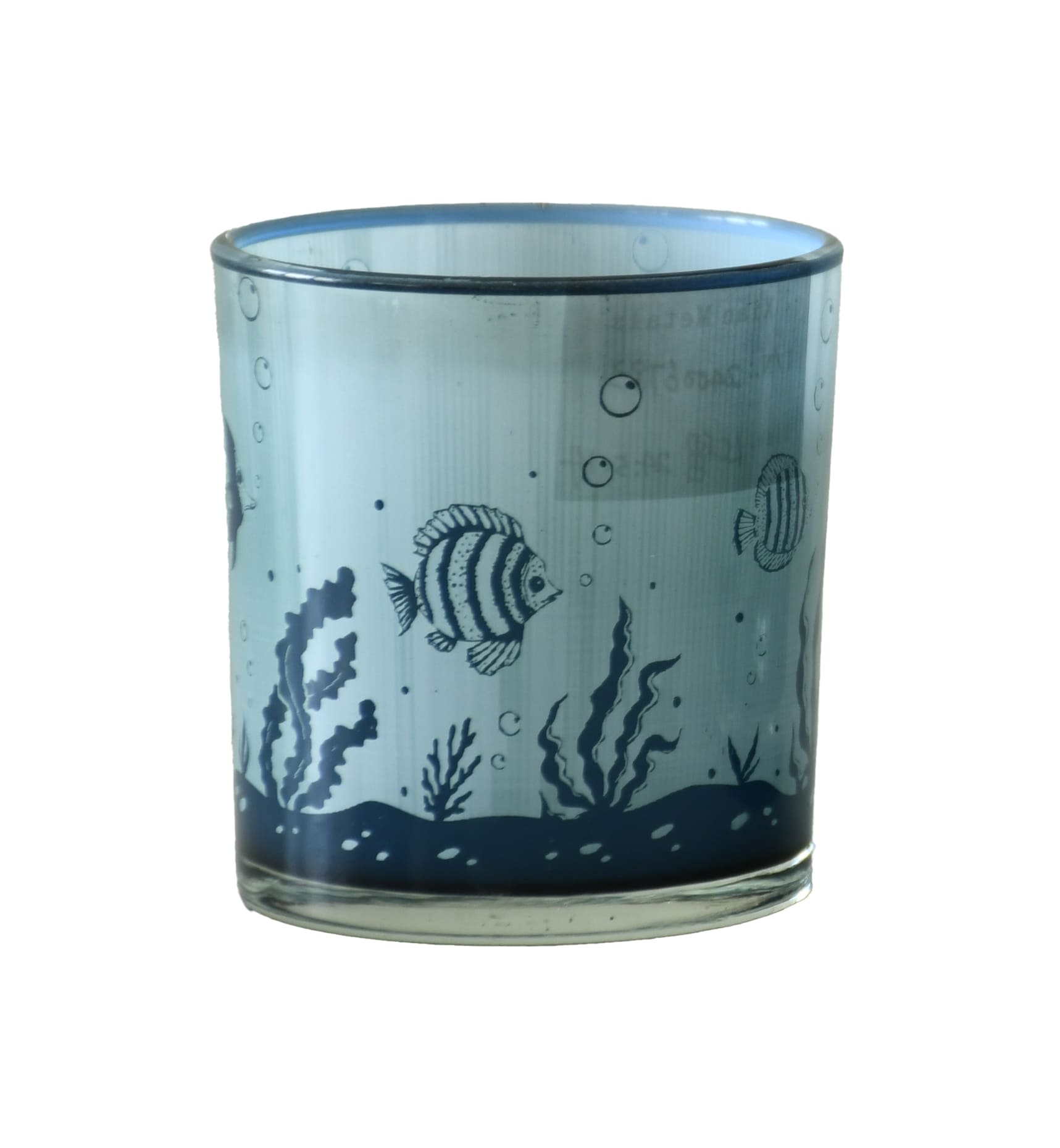 Votivlicht Glas blau mit Fischdekor D=7,3cm H=8cm
