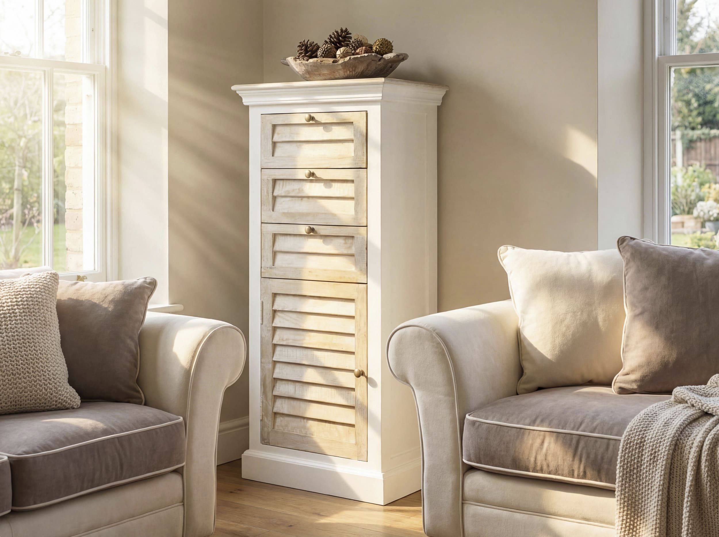 Kommode Hampton Mangoholz weiß mit Lamellenfronten 55x35x115cm